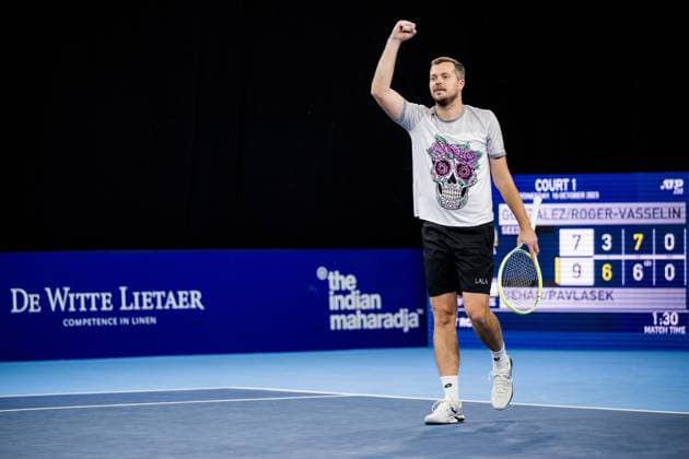 Adam Pavlasek celebrates winning his match a second round doubles match at the European Open Tennis ATP, Tennis Herren tournament, in Antwerp, Wednesday 18 October 2023. JASPERxJACOBS  x77985173x