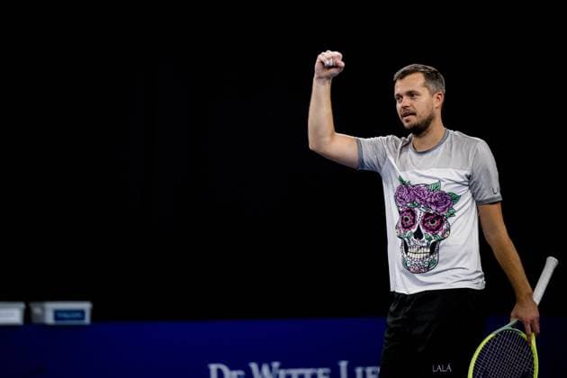 Adam Pavlasek celebrates winning his match a second round doubles match at the European Open Tennis ATP, Tennis Herren tournament, in Antwerp, Wednesday 18 October 2023. JASPERxJACOBS  x77985183x