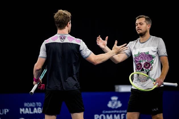 Ariel Behar and Adam Pavlasek celebrate winning their match a second round doubles match at the European Open Tennis ATP, Tennis Herren tournament, in Antwerp, Wednesday 18 October 2023. JASPERxJACOBS  x77985202x
