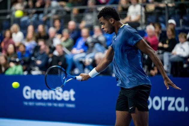 French Giovanni Mpetshi Perricard pictured in action during a second round match between French Mpetshi Perricard and Belgian Goffin at the European Open Tennis ATP, Tennis Herren tournament, in Antwerp, Wednesday 18 October 2023. JASPERxJACOBS  x77993514x
