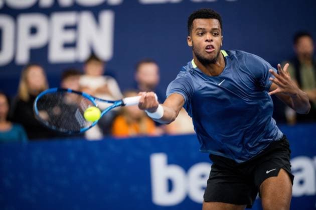 French Giovanni Mpetshi Perricard pictured in action during a second round match between French Mpetshi Perricard and Belgian Goffin at the European Open Tennis ATP, Tennis Herren tournament, in Antwerp, Wednesday 18 October 2023. JASPERxJACOBS  x77995235x