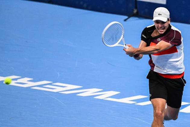 French Gregoire Barrerre pictured in action during a second round match at the European Open Tennis ATP, Tennis Herren tournament, in Antwerp, Wednesday 18 October 2023. LAURIExDIEFFEMBACQ  x77998030x