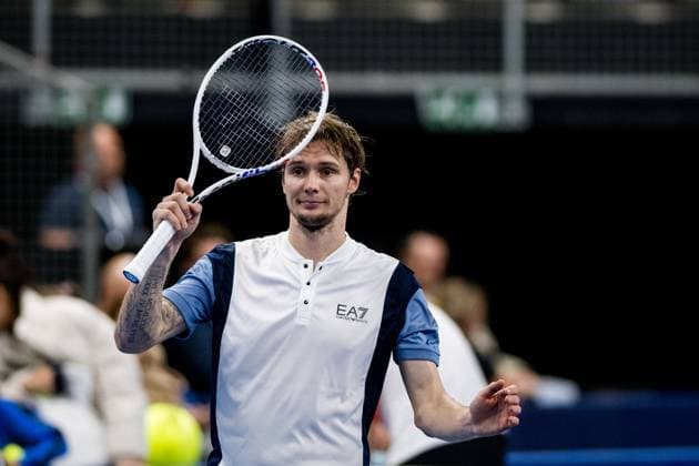 Kazach Alexander Bublik celebrates winning his match a second round match at the European Open Tennis ATP, Tennis Herren tournament, in Antwerp, Wednesday 18 October 2023. JASPERxJACOBS  x77998079x