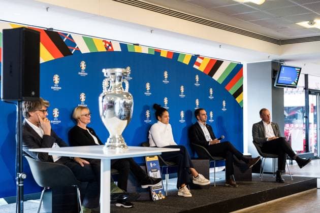 Press conference to announce the partnership between VDV and EURO 2024 GmbH 19 10 2023 The UEFA EURO Cup In the background the podium Oliver Wolff, Hauptgeschaeftsfuehrer Verband Deutscher Verkehrsunternehmen VDV , Stefanie Haaks, CEO of Kölner Verkehrs Betriebe and VDV Praesidium member, Celia äaöic, Ambassador of UEFA EURO 2024, Philipp Lahm, Tournament Director of UEFA EURO 2024,Markus Stenger, Managing Director EURO 2024 GmbH Press conference to announce the partnership between VDV and EURO 2024 GmbH, Cologne, RheinEnergieStadion on 19 10 2023 Copyright: xBEAUTIFULxSPORTS Wunderlx