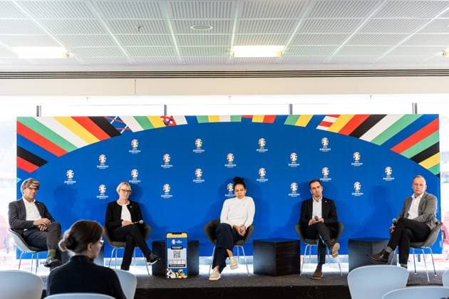 Press conference to announce the partnership between VDV and EURO 2024 GmbH 19 10 2023 The panel Oliver Wolff, Hauptgeschaeftsfuehrer Verband Deutscher Verkehrsunternehmen VDV , Stefanie Haaks, CEO of Kölner Verkehrs Betriebe and VDV Praesidium member, Celia äaöic, Ambassador of UEFA EURO 2024, Philipp Lahm, Tournament Director of UEFA EURO 2024,Markus Stenger, Managing Director EURO 2024 GmbH Press conference to announce the partnership between VDV and EURO 2024 GmbH, Cologne, RheinEnergieStadion on 19 10 2023 Copyright: xBEAUTIFULxSPORTS Wunderlx
