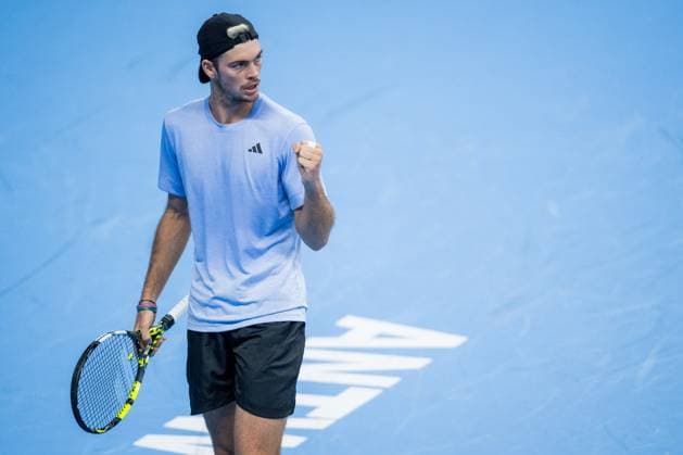 German Maximilian Marterer celebrates winning his match during a singles second round match at the European Open Tennis ATP, Tennis Herren tournament, in Antwerp, Thursday 19 October 2023. JASPERxJACOBS  x78038019x