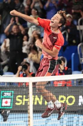 October 19, 2023, Tokyo, Japan - Shintaro Mochizuki of Japan celebrates his victory over defending champion Taylor Fritz of the United States during the second round match of the Japan Open tennis championships at the Ariake Colosseum in Tokyo on Thursday, October 19, 2023. ( AFLO) Tokyo Japan - ZUMA 0309253123st Copyright: xYoshioxTsunodax