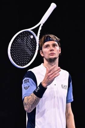 Kazach Alexander Bublik pictured in action during a doubles quarter final match at the European Open Tennis ATP, Tennis Herren tournament, in Antwerp, Thursday 19 October 2023. LAURIExDIEFFEMBACQ  x78042650x
