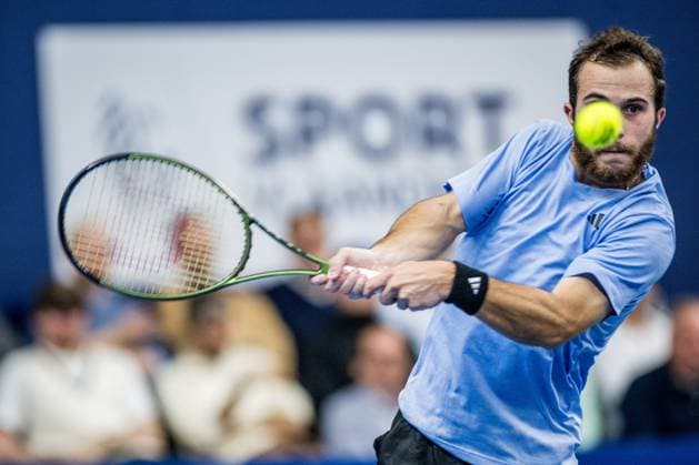 French Hugo Gaston pictured in action during a singles second round match at the European Open Tennis ATP, Tennis Herren tournament, in Antwerp, Thursday 19 October 2023. JASPERxJACOBS  x78044809x