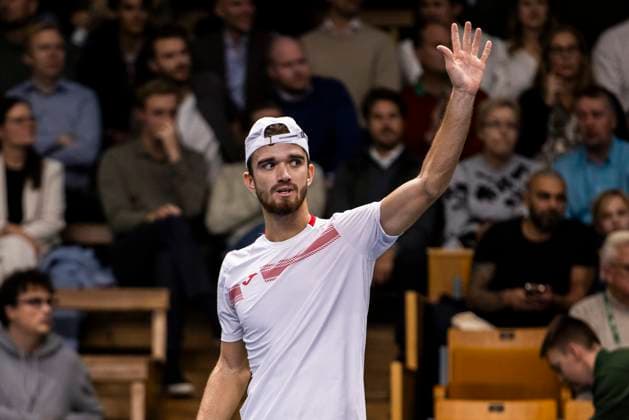231019 Tomas Machac of the Czech Republic celebrates after winning his match during day 6 of the Nordic Open tennis tournament on October 19, 2023 in Stockholm Photo Michael Campanella BILDBYRAN COP 313 MC0068 tennis nordic open day 6 bbeng jubel  Copyright: MICHAELxCAMPANELLA BB231019MC010