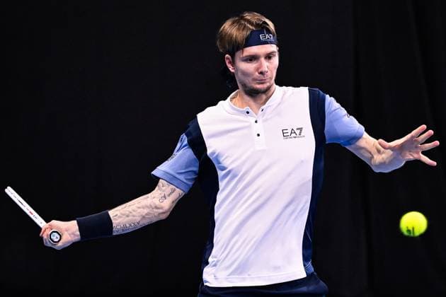 Kazach Alexander Bublik pictured in action during a doubles quarter final match at the European Open Tennis ATP, Tennis Herren tournament, in Antwerp, Thursday 19 October 2023. LAURIExDIEFFEMBACQ  x78050610x