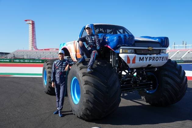 Alex Albon - Williams Logan Sargeant - Williams poses at Monster Truck with new sponsor at United States Grand Prix - 19th of October 2023 Â Copyright: xLUBOMIRxASENOVx