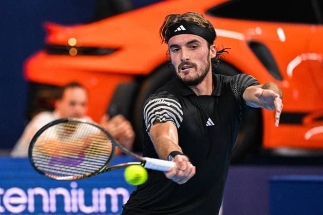 Greek Stefanos Tsitsipas pictured in action during a singles second round match at the European Open Tennis ATP, Tennis Herren tournament, in Antwerp, Thursday 19 October 2023. LAURIExDIEFFEMBACQ  x78057152x