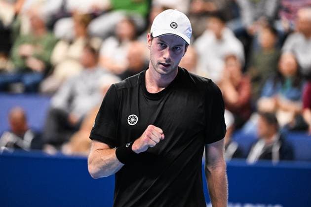Dutch Botic Van de Zandschulp reacts during a singles second round match at the European Open Tennis ATP, Tennis Herren tournament, in Antwerp, Thursday 19 October 2023. LAURIExDIEFFEMBACQ  x78057173x