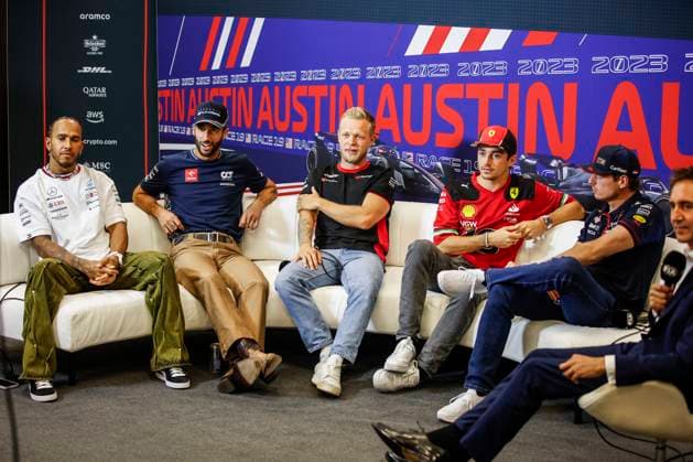 HAMILTON Lewis (gbr), Mercedes AMG F1 Team W14, portrait RICCIARDO Daniel (aus), Scuderia AlphaTauri AT04, portrait MAGNUSSEN Kevin (den), Haas F1 Team VF-23 Ferrari, portrait LECLERC Charles (mco), Scuderia Ferrari SF-23, portrait VERSTAPPEN Max (ned), Red Bull Racing RB19, portrait press conference, PK, Pressekonferenz during the 2023 Formula 1 Lenovo United States Grand Prix, 18th round of the 2023 Formula One World Championship, WM, Weltmeisterschaft from October 20 to 22, 2023 on the Circuit of The Americas, in Austin, USA - F1 - US GRAND PRIX 2023 DPPI Panoramic __R3_0517