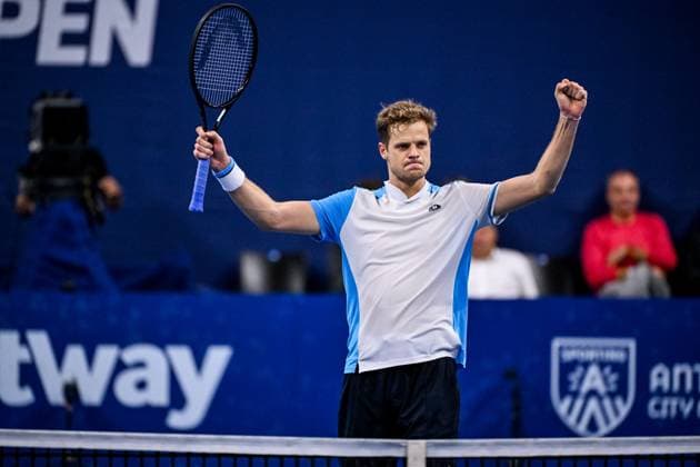 German Yannick Hanfmann celebrates winning his match a singles second round match at the European Open Tennis ATP, Tennis Herren tournament, in Antwerp, Thursday 19 October 2023. LAURIExDIEFFEMBACQ  x78064063x