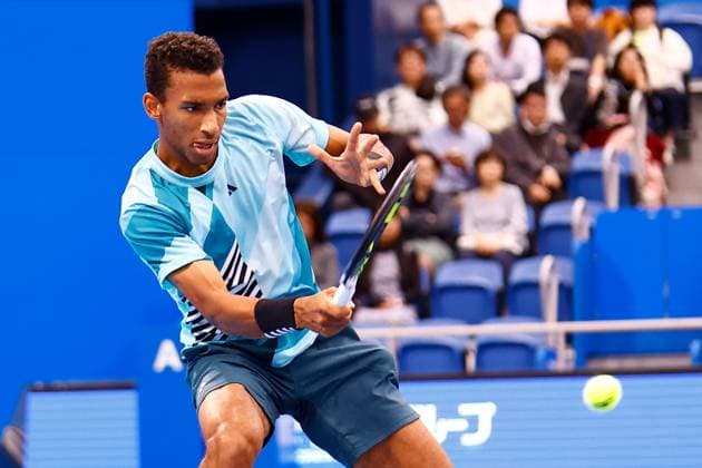 October 20, 2023, Tokyo, Japan: Felix AUGER-ALIASSIME (CAN) hits a return against Marcos GIRON (USA) during their singles quarter-final match of the Kinoshita Group Japan Open Tennis Championships 2023 at the Ariake Coliseum. This is the longest-running ATP, Tennis Herren Tour tournament in Asia, first held in 1972. The tournament runs from October 16 to 22. Giron won 6-1, 6-4. Tokyo Japan - ZUMAm191 20231020_aap_m191_031 Copyright: xRodrigoxReyesxMarinx