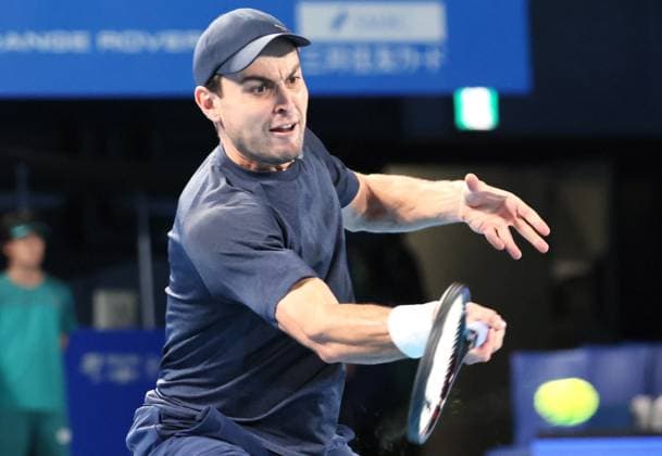 October 20, 2023, Tokyo, Japan - Aslan Karatsev of Russia returns the ball against Alex De Minaur of Australia during the quater final match of the Japan Open tennis championships at the Ariake Colosseum in Tokyo on Friday, October 20, 2023. (photo by Yoshio Tsunoda AFLO) Noxthirdxpartyxsales  (0309405207st)