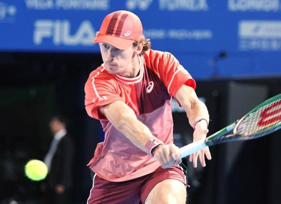 October 20, 2023, Tokyo, Japan - Alex De Minaur of Australia returns the ball against Aslan Karatsev of ARussia during the quater final match of the Japan Open tennis championships at the Ariake Colosseum in Tokyo on Friday, October 20, 2023. (photo by Yoshio Tsunoda AFLO) Noxthirdxpartyxsales  (0309405265st)