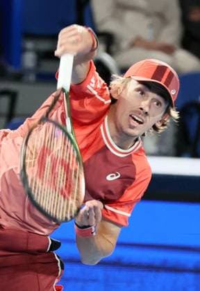 October 20, 2023, Tokyo, Japan - Alex De Minaur of Australia delivers a service against Aslan Karatsev of ARussia during the quater final match of the Japan Open tennis championships at the Ariake Colosseum in Tokyo on Friday, October 20, 2023. (photo by Yoshio Tsunoda AFLO) Noxthirdxpartyxsales  (0309405293st)