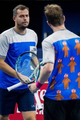 Adam Pavlasek and Ariel Behar pictured in action during a singles second round match at the European Open Tennis ATP, Tennis Herren tournament, in Antwerp, Thursday 19 October 2023. LAURIExDIEFFEMBACQ  x78098902x