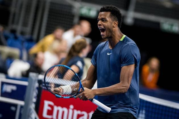 French Giovanni Mpetshi Perricard celebrates after scoring during a quarter final single match at the European Open Tennis ATP, Tennis Herren tournament, in Antwerp, Friday 20 October 2023. JASPERxJACOBS  x78110114x