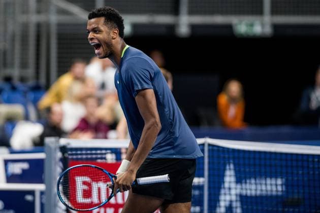 French Giovanni Mpetshi Perricard celebrates after scoring during a quarter final single match at the European Open Tennis ATP, Tennis Herren tournament, in Antwerp, Friday 20 October 2023. JASPERxJACOBS  x78110141x
