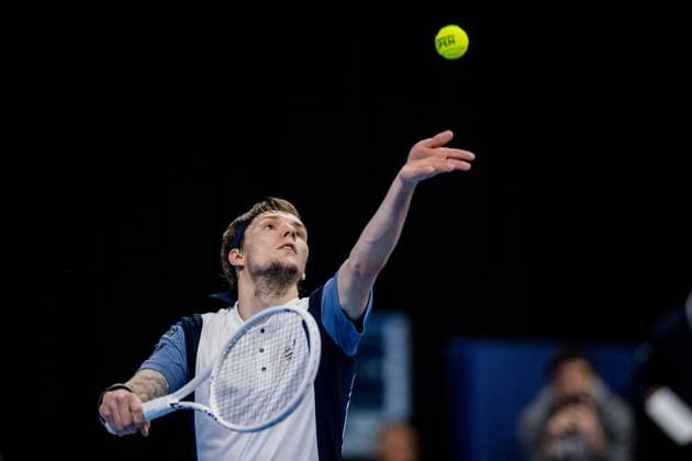 Kazach Alexander Bublik pictured in action during a quarter final single match at the European Open Tennis ATP, Tennis Herren tournament, in Antwerp, Friday 20 October 2023. JASPERxJACOBS  x78111676x