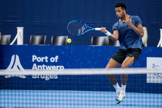 French Giovanni Mpetshi Perricard pictured in action during a quarter final single match at the European Open Tennis ATP, Tennis Herren tournament, in Antwerp, Friday 20 October 2023. JASPERxJACOBS  x78111895x
