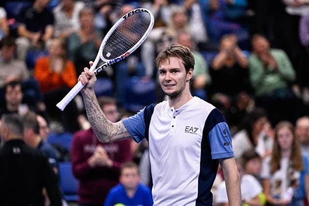 Kazach Alexander Bublik celebrates after winning a quarter final single match at the European Open Tennis ATP, Tennis Herren tournament, in Antwerp, Friday 20 October 2023. LAURIExDIEFFEMBACQ  x78112265x