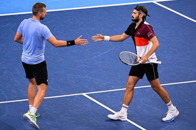 UK Lloyd Glasspool and Monaco s Hugo Nys react during a semi final doubles match at the European Open Tennis ATP, Tennis Herren tournament, in Antwerp, Friday 20 October 2023. LAURIExDIEFFEMBACQ  x78112750x