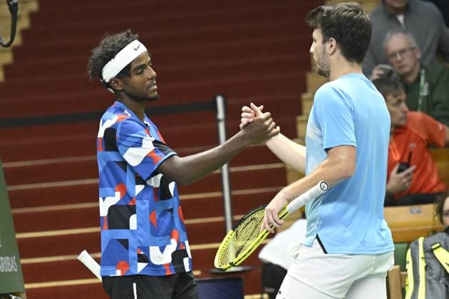 STOCKHOLM 20231020 Elias Ymer tv Sweden, breaks the quarterfinal against Miomir Kecmanovic, Serbia, who wins the match, in the tennis tournament Nordic Open in the Royal Tennis Hall STOCKHOLM SWEDEN x10080x  Copyright: xFredrikxSandberg TTx TENNIS NORDIC OPEN