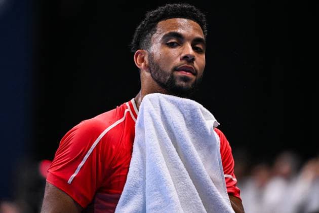 French Arthur Fils reacts during a quarter final single match at the European Open Tennis ATP, Tennis Herren tournament, in Antwerp, Friday 20 October 2023. LAURIExDIEFFEMBACQ  x78134258x