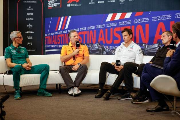 Mike Krack Aston Martin Aramco Cognizant F1 Team , Zak Brown USA, McLaren F1 Team , Toto Wolff AUT, Mercedes AMG Petronas F1 Team , Guenther Steiner ITA, MoneyGram Haas F1 Team , F1 Grand Prix of USA at Circuit of The Americas on October 20, 2023 in Austin, United States of America Photo by HOCH ZWEI Austin United States of America