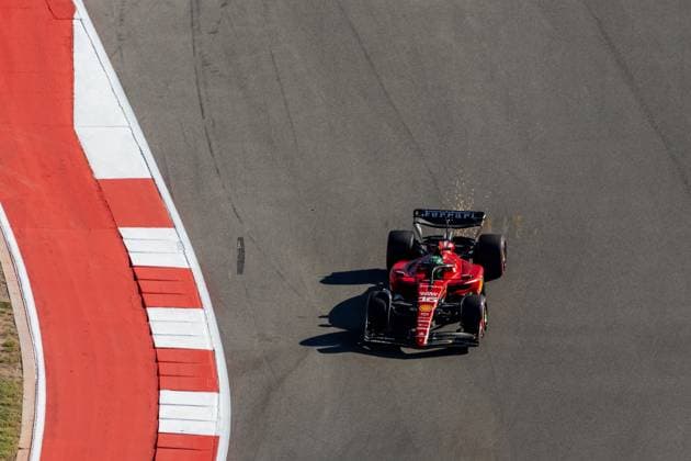 AUSTIN, TX - OCTOBER 20: Scuderia Ferrari driver Charles Leclerc (16) of Monaco speeds into turn 2 as sparks fly from the back of his car during the qualifying session of the Formula 1 Lenovo United States Grand Prix on October 20, 2023, at Circuit of The Americas in Austin, Texas. (Photo by David Buono Icon Sportswire) AUTO: OCT 20 F1 United States Grand Prix EDITORIAL USE ONLY Icon2310200981