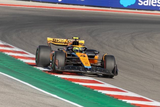 AUSTIN, TX - OCTOBER 20: McLaren F1 Team driver Lando Norris (4) of the United Kingdom rides the rumble strips while leaving turn 19 during the qualifying session of the Formula 1 Lenovo United States Grand Prix on October 20, 2023, at Circuit of The Americas in Austin, Texas. (Photo by David Buono Icon Sportswire) AUTO: OCT 20 F1 United States Grand Prix EDITORIAL USE ONLY Icon2310201231
