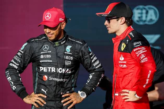 HAMILTON Lewis (gbr), Mercedes AMG F1 Team W14, portrait LECLERC Charles (mco), Scuderia Ferrari SF-23, portrait during the 2023 Formula 1 Lenovo United States Grand Prix, 18th round of the 2023 Formula One World Championship, WM, Weltmeisterschaft from October 20 to 22, 2023 on the Circuit of The Americas, in Austin, USA - F1 - US GRAND PRIX 2023 DPPI Panoramic 00123040__R3_0274