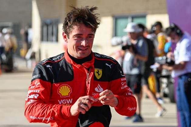AUSTIN, TX - OCTOBER 20: Scuderia Ferrari driver Charles Leclerc (16) of Monaco celebrates his pole position following the during the qualifying session of the Formula 1 Lenovo United States Grand Prix on October 20, 2023, at Circuit of The Americas in Austin, Texas. (Photo by Ken Murray Icon Sportswire) AUTO: OCT 20 F1 United States Grand Prix EDITORIAL USE ONLY Icon2310200681