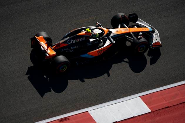 British Formula One driver Lando Norris of McLaren F1 Team participates in qualifying for the Formula One Grand Prix of the US at the Circuit of The Americas in Austin, Texas, on Friday, October 20, 2023.  AUS20231020903 GREGxNASH