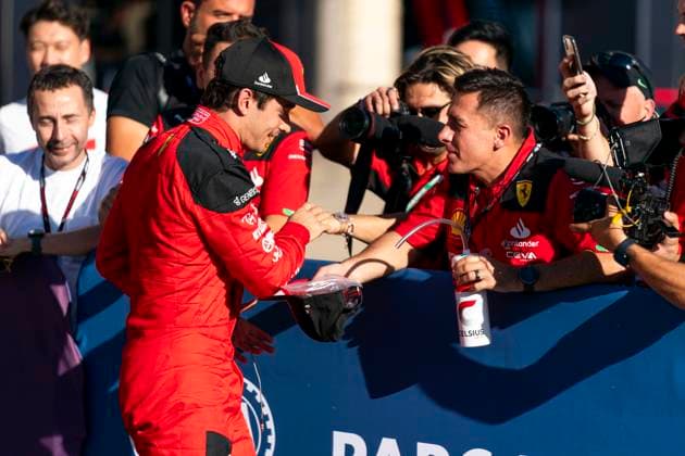 Monaco s Formula One driver Charles Leclerc of Scuderia Ferrari celebrates taking pole position for the Formula One Grand Prix of the US at the Circuit of The Americas in Austin, Texas, on Friday, October 20, 2023.  AUS20231020919 GREGxNASH