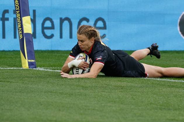 Wellington, New Zealand, 21 October 2023: Sarah-Maude Lachance dots down for Canada s last try of the match. Canada v Wales. WXV1 womens international rugby tournament. Sky Stadium. Wellington. New Zealand (Joe Serci SPP) Copyright: xJoexSercix xSPPx spp-en-JoSeSp-SPP - Joe Serci - Canada_Wales-8