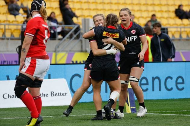 Wellington, New Zealand, 21 October 2023: Canafa celebrate Sarah-Maude Lachance try in the the corner. Canada v Wales. WXV1 womens international rugby tournament. Sky Stadium. Wellington. New Zealand (Joe Serci SPP) Copyright: xJoexSercix xSPPx spp-en-JoSeSp-SPP - Joe Serci - Canada_Wales-9