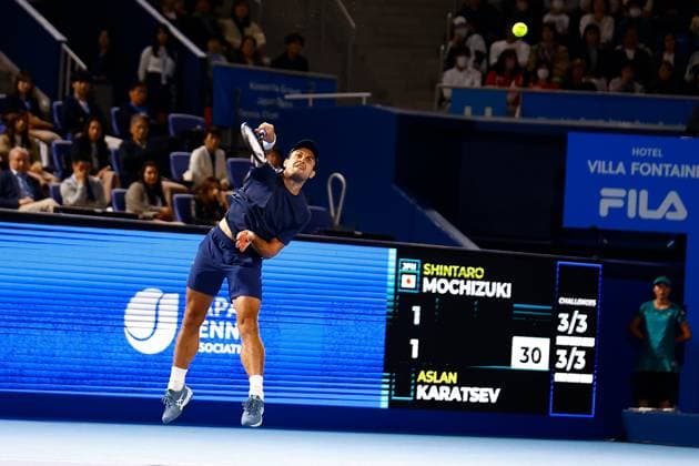October 21, 2023, Tokyo, Japan: Aslan KARATSEV (RUS) serves against Shintaro MOCHIZUKI (JPN) during their singles semi-final match of the Kinoshita Group Japan Open Tennis Championships 2023 at the Ariake Coliseum. This is the longest-running ATP, Tennis Herren Tour tournament in Asia, first held in 1972. The tournament runs from October 16 to 22. Tokyo Japan - ZUMAm191 20231021_aap_m191_036 Copyright: xRodrigoxReyesxMarinx