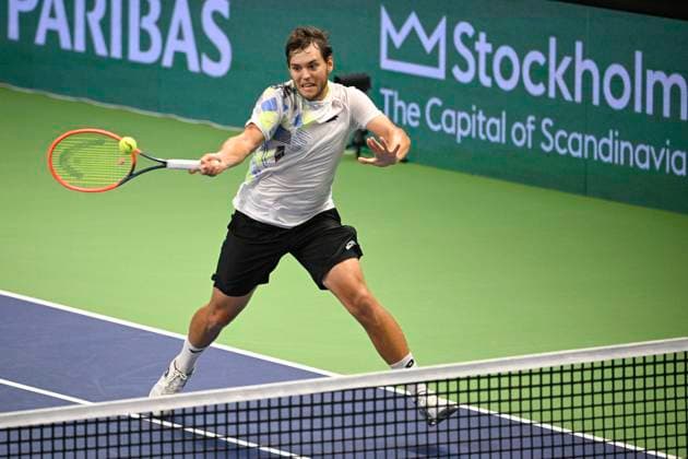 Russian Pavel Kotov in action during his semifinal against Miomir Kecmanovic of Serbia during the ATP Nordic Open tennis tournament in the Royal Tennis Hall in Stockholm, Sweden, on Oct 21, 2023 STOCKHOLM SWEDEN TENNIS x10040x  Copyright: xAndersxWiklund TTx SWEDEN TENNIS NORDIC OPEN