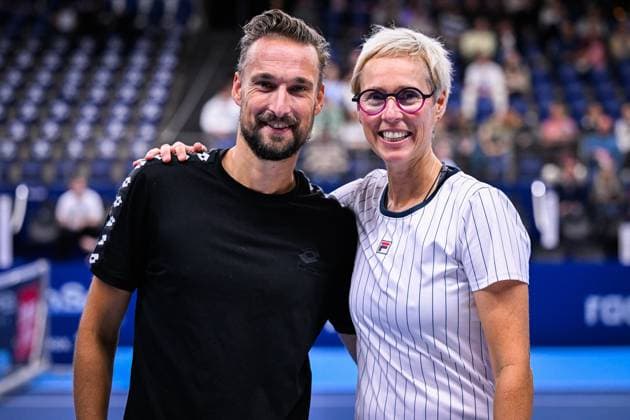 Belgian assistant coach Ruben Bemelmans and Former player Els Callens pictured during the European Open Tennis ATP, Tennis Herren tournament, in Antwerp, Saturday 21 October 2023. LAURIExDIEFFEMBACQ  x78178723x