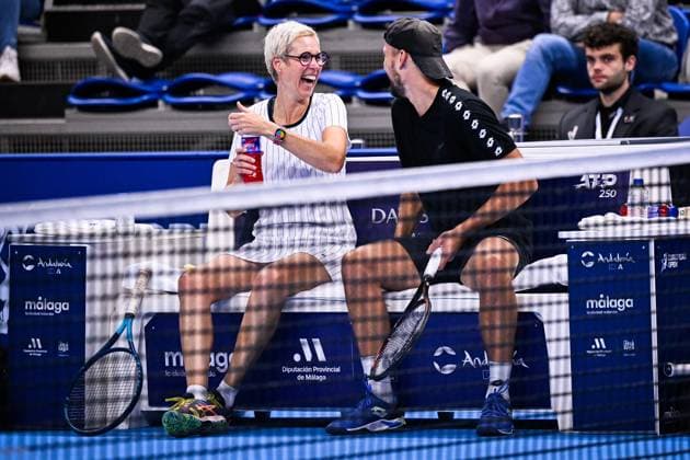 Belgian assistant coach Ruben Bemelmans and Former player Els Callens pictured during the European Open Tennis ATP, Tennis Herren tournament, in Antwerp, Saturday 21 October 2023. LAURIExDIEFFEMBACQ  x78178755x