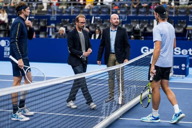 Illustration picture shows the coin toss before a game of Kazach Alexander Bublik and German Maximilian Marterer a singles semi final match at the European Open Tennis ATP, Tennis Herren tournament, in Antwerp, Saturday 21 October 2023. JASPERxJACOBS  x78179173x