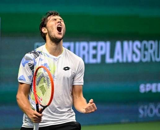 STOCKHOLM 20231021 Russias Pavel Kotov cheers as he wins the semi-final against Miomir Kecmanovic, Serbia, during the Nordic Open tennis tournament at the Royal Tennis Hall in STOCKHOLM, Sweden x10040x  Copyright: xAndersxWiklund TTx TENNIS NORDIC OPEN 2023