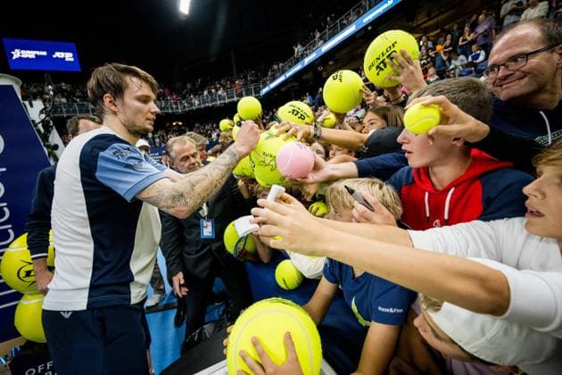 Kazach Alexander Bublik pictured after a singles semi final match at the European Open Tennis ATP, Tennis Herren tournament, in Antwerp, Saturday 21 October 2023. JASPERxJACOBS  x78188753x