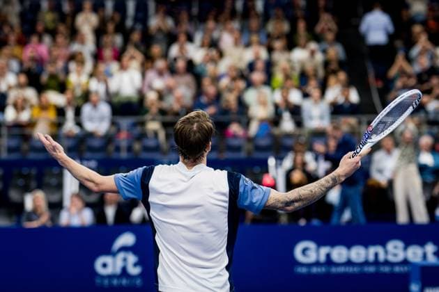 Kazach Alexander Bublik celebrates winning his match a singles semi final match at the European Open Tennis ATP, Tennis Herren tournament, in Antwerp, Saturday 21 October 2023. JASPERxJACOBS  x78188888x